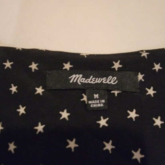 Madewell 100% Silk Star Print Blouse M Black White | Tie Sleeve, Button Front - Picture 5 of 16